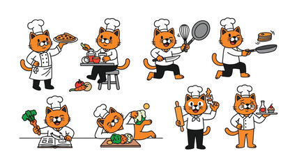 Culinary Cat Collection: An illustrated collection of cute cat chefs in various cooking scenarios, portraying playful kitchen moments. 