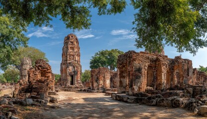 Ancient temple ruins under shady trees,  sun-drenched path