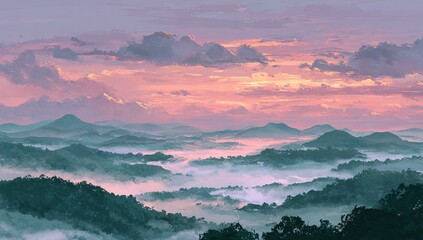 Pastel sunset hues paint a vast, misty mountain range, low clouds clinging to verdant hillsides, creating a serene, ethereal landscape