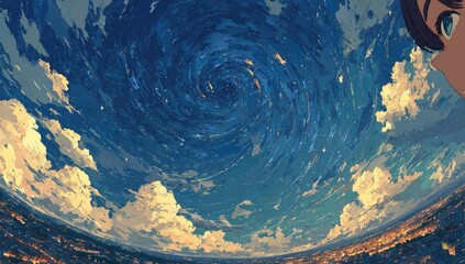 Whirlwind sky, stylized clouds and city lights below, viewed from a low perspective with a stylized female figure partially visible in the upper right corner