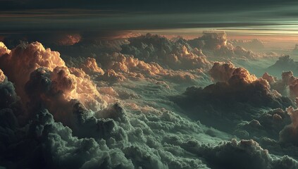 Above a sea of dark, textured clouds, illuminated by a warm sunset glow from above, creating a dramatic, atmospheric scene