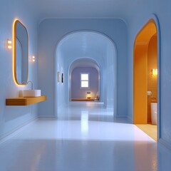 Serene blue hallway with arched doorways, orange accents, minimalist sink and toilet, and soft lighting
