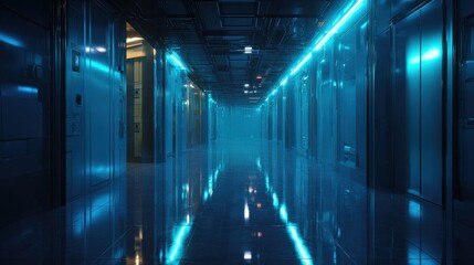 Dynamic Blue Light Trails in Modern Data Center Server Aisle.