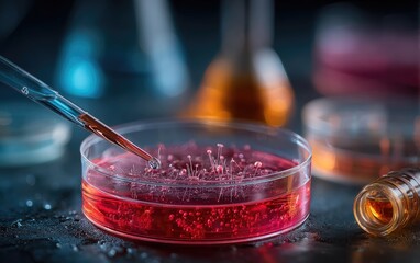A close-up reveals a pipette dispensing liquid into a petri dish containing a vibrant red culture, surrounded by other lab glassware