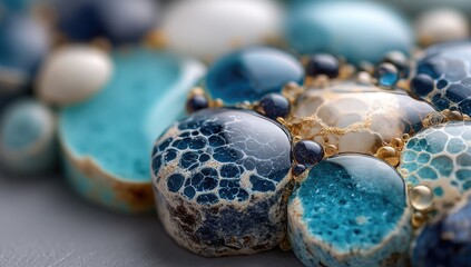 Close-up of a handcrafted jewelry piece featuring polished, textured stones in shades of teal, blue, white, and beige, accented with tiny dark beads