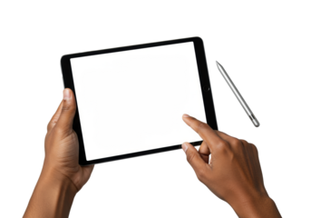 Modern black digital tablet with blank screen, elegantly held by medium skin tone hands. Poised finger, silver stylus, transparent background. Concept of technological elegance