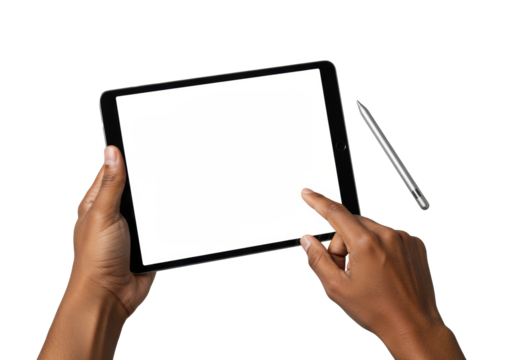 Modern black digital tablet with blank screen, elegantly held by medium skin tone hands. Poised finger, silver stylus, transparent background. Concept of technological elegance - Powered by Adobe