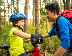 Naklejka premium Father and son biking in the woods
