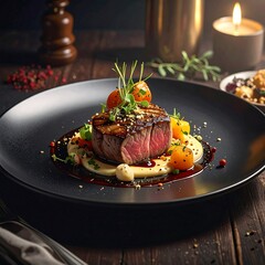 Gourmet steak with vibrant garnishes and creamy sauce, presented on a dark plate, evokes an elegant dining experience.