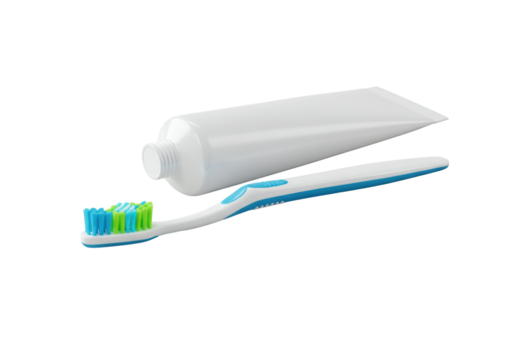 A modern blue and white toothbrush with vibrant blue and lime green bristles next to a minimalist white toothpaste tube, studio shot on transparent, high-key lighting, concept of innovative oral care