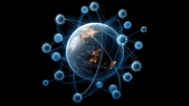 Global virus transmission concept with glowing virus orbs orbiting Earth night, illustrating pandemic spread and connectivity