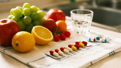 Healthy lifestyle, vitamin pills and fresh fruits posing
