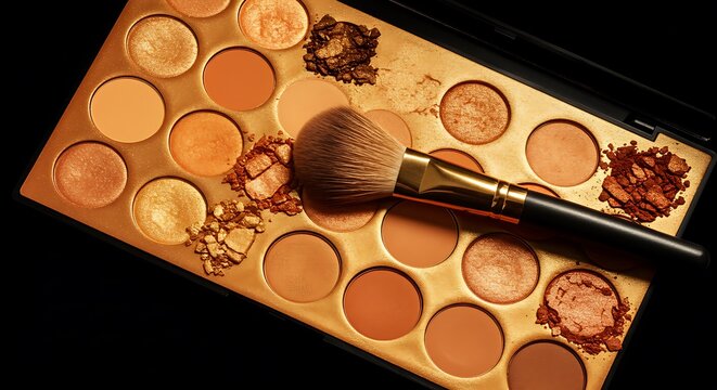 Golden eyeshadow palette with warm bronze and earth tones, with a makeup brush and crushed powder.