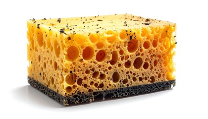 A close-up view of a textured cleaning sponge, showcasing its porous structure and vibrant yellow-orange color.