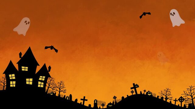 ハロウィン　ループ動画　幽霊　城　ポップ　怖い　枠　キャンペーン　タイトル　Halloween background animation.Ghost,pumpkins, spooky tree,haunted house, and bats flying over cemetery.Loop video.