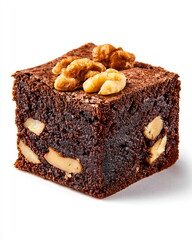 chocolate brownie square with nuts, isolated on white background