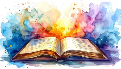 Open book with vibrant watercolor explosion