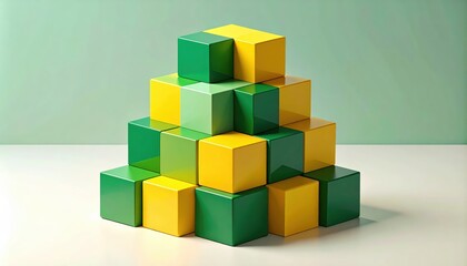 Obraz premium Geometric pyramid constructed from glossy yellow and green cubes against a pale mint background.