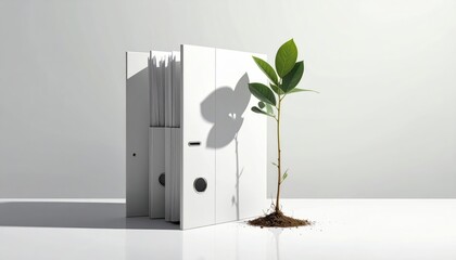 A minimalist  shot featuring a white file folder and a small plant, highlighting a concept of growth and organization.