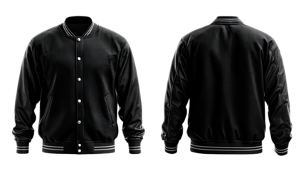 Black varsity jacket, front and back views