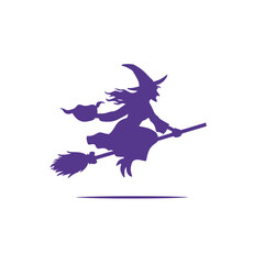 Purple silhouette of a flying witch on broomstick with flowing hair and pointed hat isolated on white background, Halloween witch vector illustration