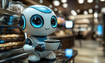 A small, friendly robot holding a coffee cup in a modern cafe.  Bright, futuristic