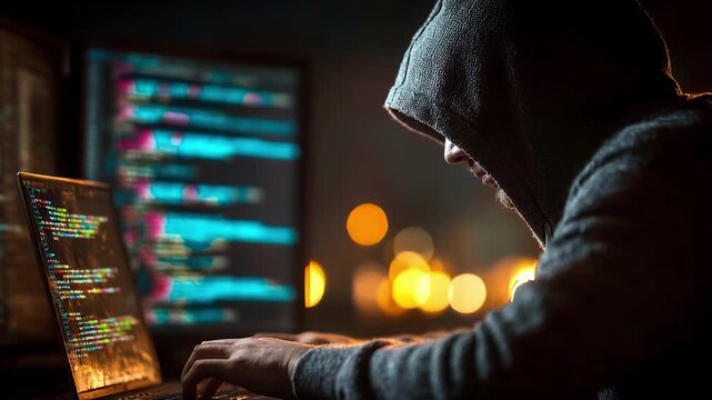 Mysterious Hacker Works Intensely on Laptop Surrounded by Glowing Screens in Dark Environment