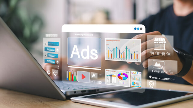 Digital marketing dashboard interface with ads panel, AI chatbot, video content, e-commerce, and analytics tools. Concept of online advertising and automation in business.