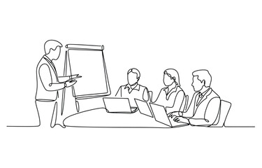 Minimalist line drawing business meeting people around table presenter standing discussing ideas professional environment vector, Continuous One Line art Vector illustration.