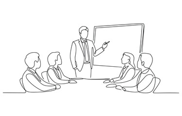 Minimalist line drawing business meeting people around table presenter standing discussing ideas professional environment vector, Continuous One Line art Vector illustration.