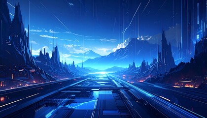 A futuristic landscape unfolds, showcasing a vibrant blue cityscape nestled amidst towering structures and mountainous terrain.