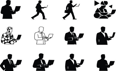 Laptop user silhouette set, black, professionals walking, gesturing, stylized tech poses, suits, abstract shapes, vector, isolated business bundle