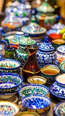 Colorful ceramic wares in a market display