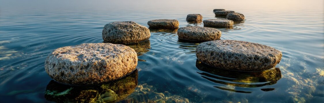 Calm, shallow water with a stepping-stone path of rounded, grey stones extending into the hazy horizon