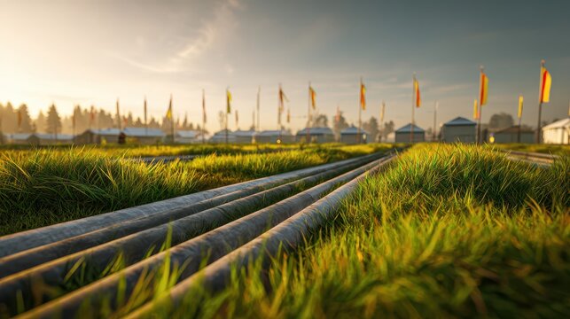 Beautiful photo of septic system leach field with visible pipes under grassy ground, flags mark layout, morning light adds detail and softness to open landscape scene.