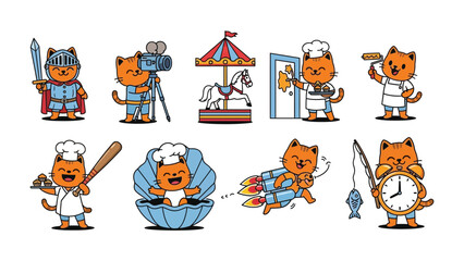 Fototapeta premium Whimsical Cat Characters in Various Professions: A collection of cartoonish cats, each embodying a different profession, from chef to knight to astronaut, rendered in a vibrant, playful style.