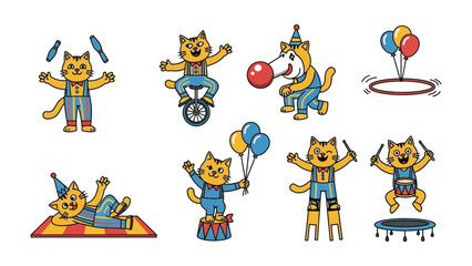 Obraz premium Cats Circus Acts: A whimsical collection of animated cats engaging in various circus performances. Each feline character brings its unique energy to the stage.