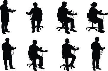 Medical professional silhouette set, black, individuals with stethoscopes in varied poses, vector, isolated healthcare diagnostic posture bundle