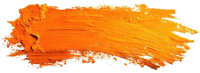 A vibrant, textured orange paint stroke, broadly applied with visible brushstrokes, tapering at the ends on a white background