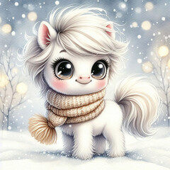 Obraz premium Illustration. A small white pony wearing a scarf.