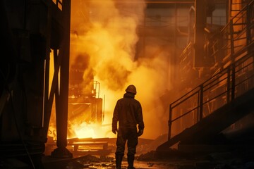 Steelworker supervising molten metal in a foundry