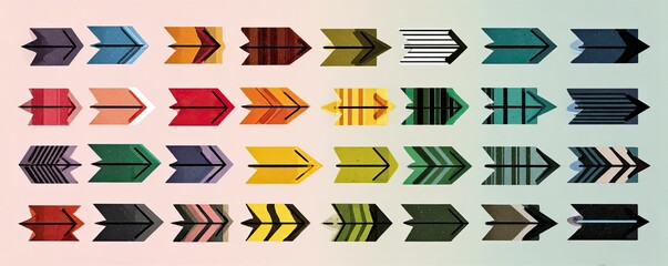 A grid of colorful arrows, each with unique striped patterns and varying color schemes, arranged neatly for visual appeal