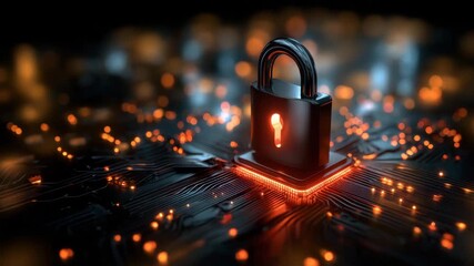 Glowing padlock on circuit board symbolizes digital security data protection cybersecurity technology with illuminated microchip secure connection electronic safety network encryption lights - Powered by Adobe