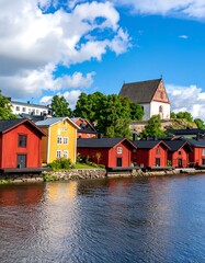 Obraz premium Colorful waterfront town under a partly cloudy sky