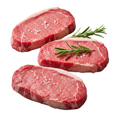 Premium photorealistic macro of raw, ruby red meat cuts with marbling, fresh rosemary, sea salt, on clean transparent background, no shadows. Gourmet food concept