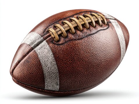 Prolate spheroid brown leather football, laces visible, white stripes, slight shadow on white background
