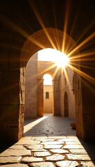 Radiant glow through curved entry with abstract stone details