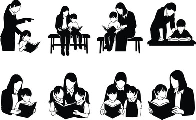 Reading interaction silhouette set, black, adults and children learning together with books, seated and standing, vector, isolated education bundle