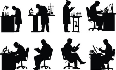 Science lab silhouette set, black, researchers with microscopes, clipboards, computers, flasks, seated and standing, vector, isolated research bundle
