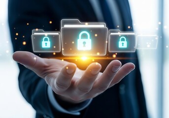 A businessman showcasing digital folders with security locks, representing data protection and privacy solutions.